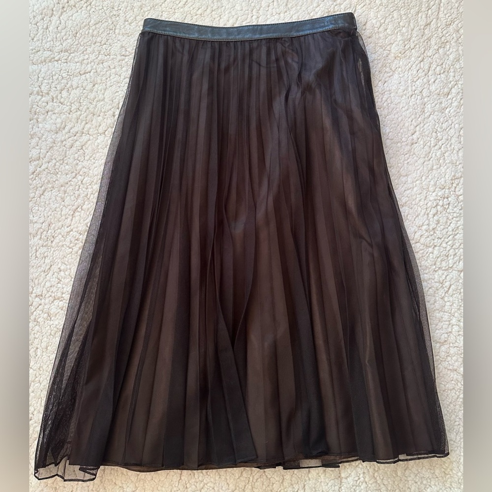 Women's DKNY Leather Band Pleated Tulle Lined Midi Skirt Black Brown Size 4